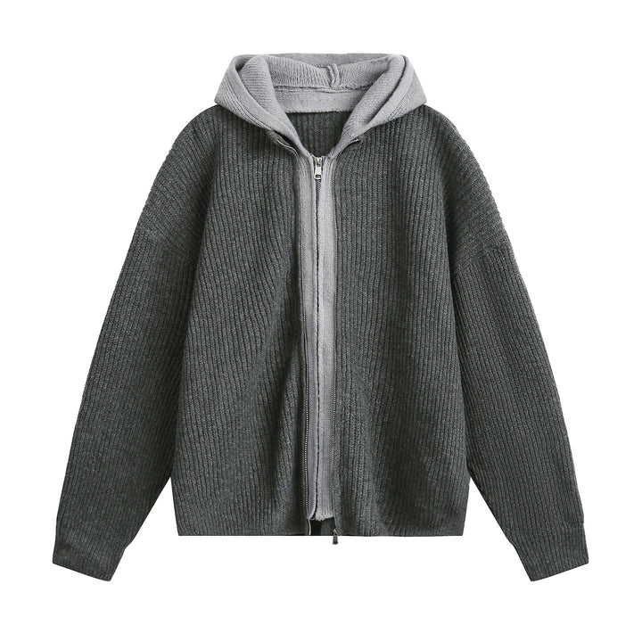 Unisex Oversize Strickjacke mit Kapuze und Reißverschluss Drune