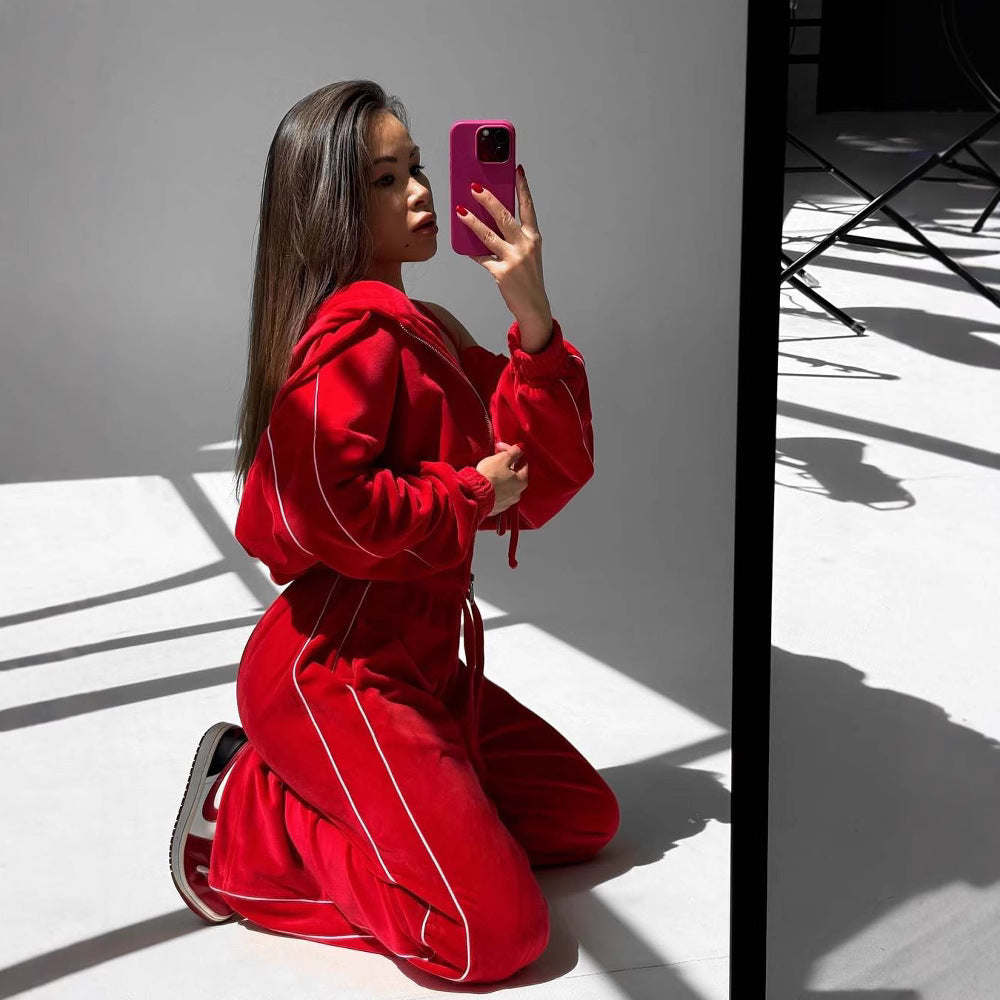 Damen Samt-Lounge-Set mit verkürzter Zip-Hoodie und weitem High-Waist Jogger Drune