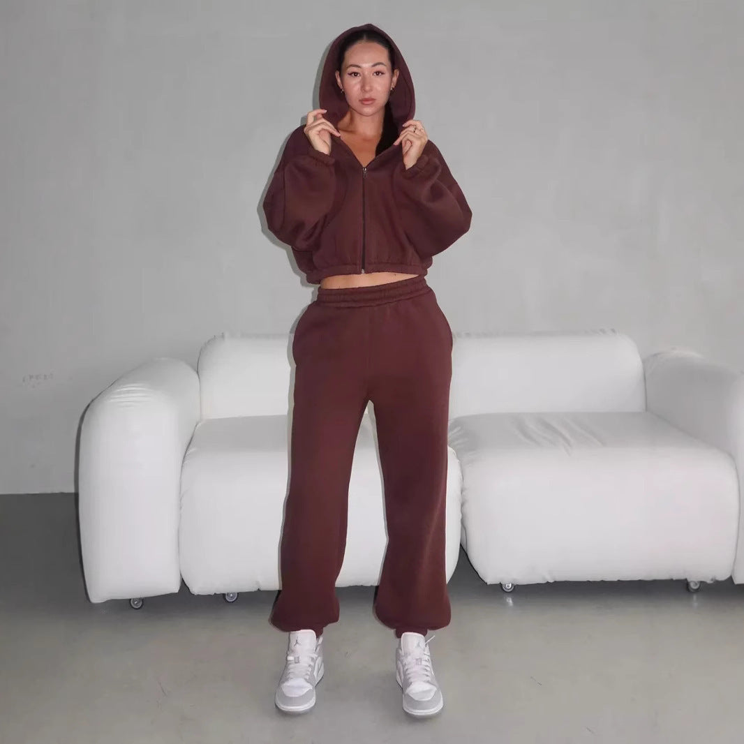 Damen Lounge-Set Cropped-Zip-Hoodie mit Oversize-Ärmeln und High-Waist Palazzo-Jogger Drune