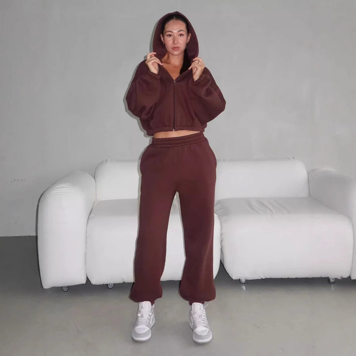 Damen Lounge-Set Cropped-Zip-Hoodie mit Oversize-Ärmeln und High-Waist Palazzo-Jogger Drune