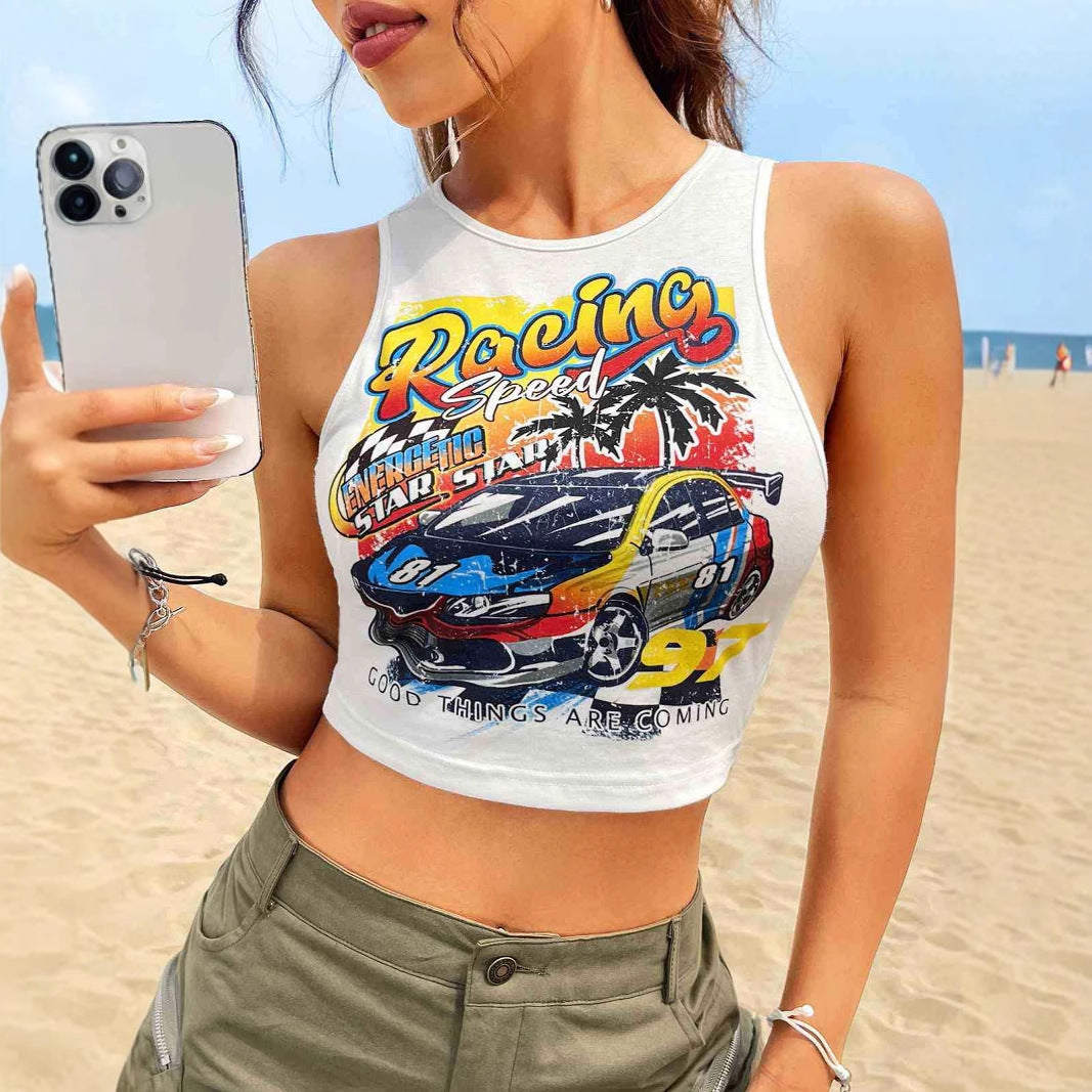Damen Cropped Tank-Top mit kreativem Rennsport-Motiv und lässigem Schnitt Drune