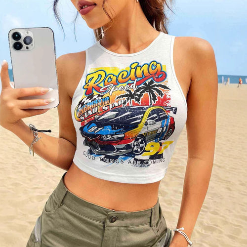Damen Cropped Tank-Top mit kreativem Rennsport-Motiv und lässigem Schnitt Drune