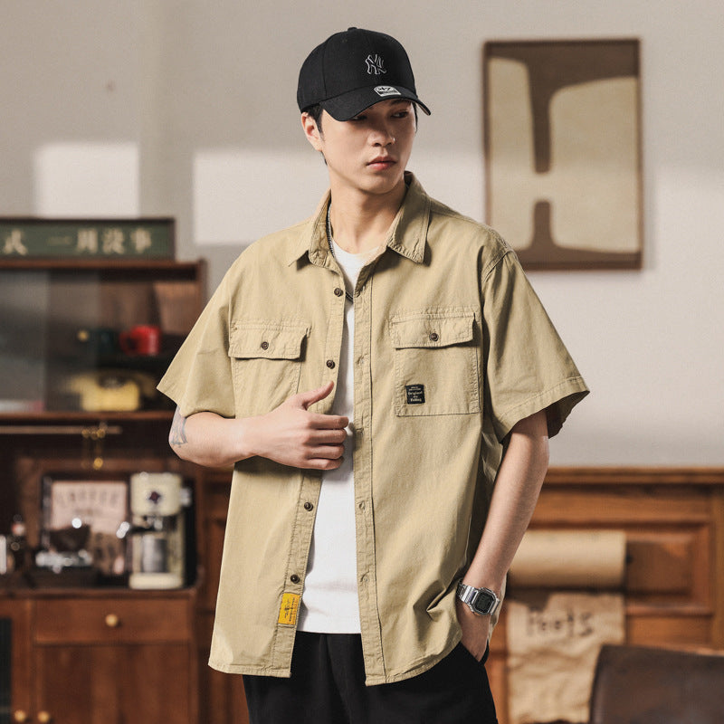 Herren Kurzarm-Fieldshirt im Overshirt-Look mit doppelten Brustklappen, verstärkten Nähten und gerundetem Saum Drune