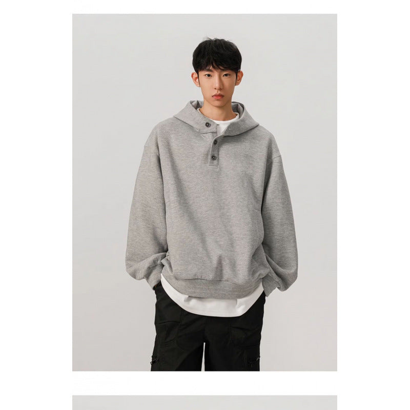 Herren Oversized Kapuzenpullover mit 3‑Knopf‑Leiste und seitlichen Eingrifftaschen Drune