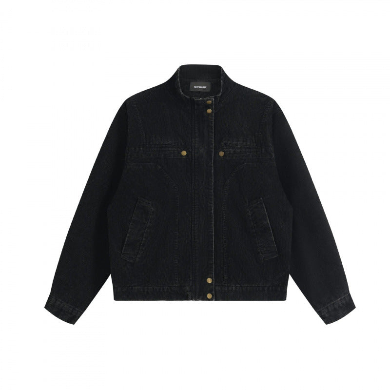 Unisex Cord-Boxy-Blouson mit Stehkragen, verdeckter Druckknopfleiste und aufgesetzten Schubtaschen Drune