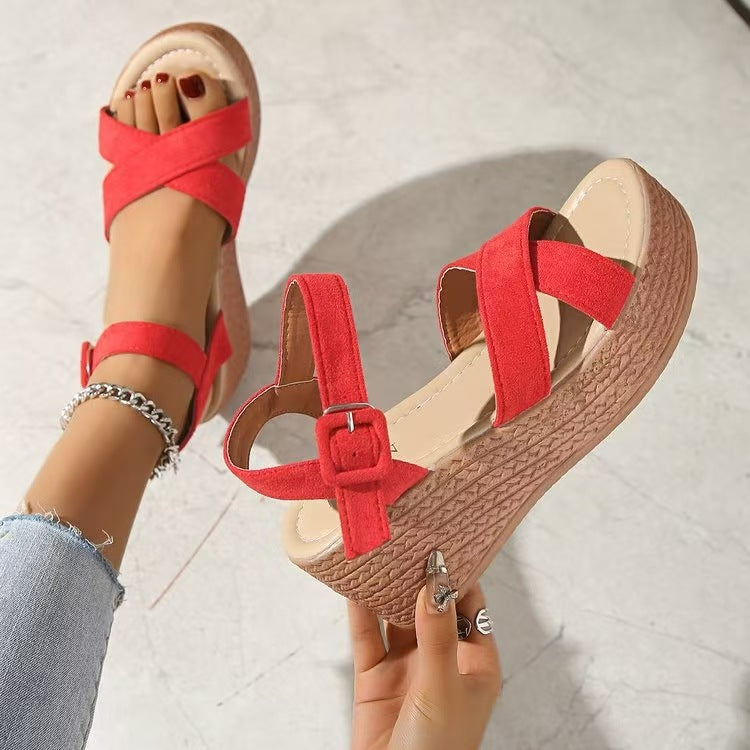Damen Plateau-Sandalen mit modischen Kreuzriemen und stabilem Korkabsatz Drune