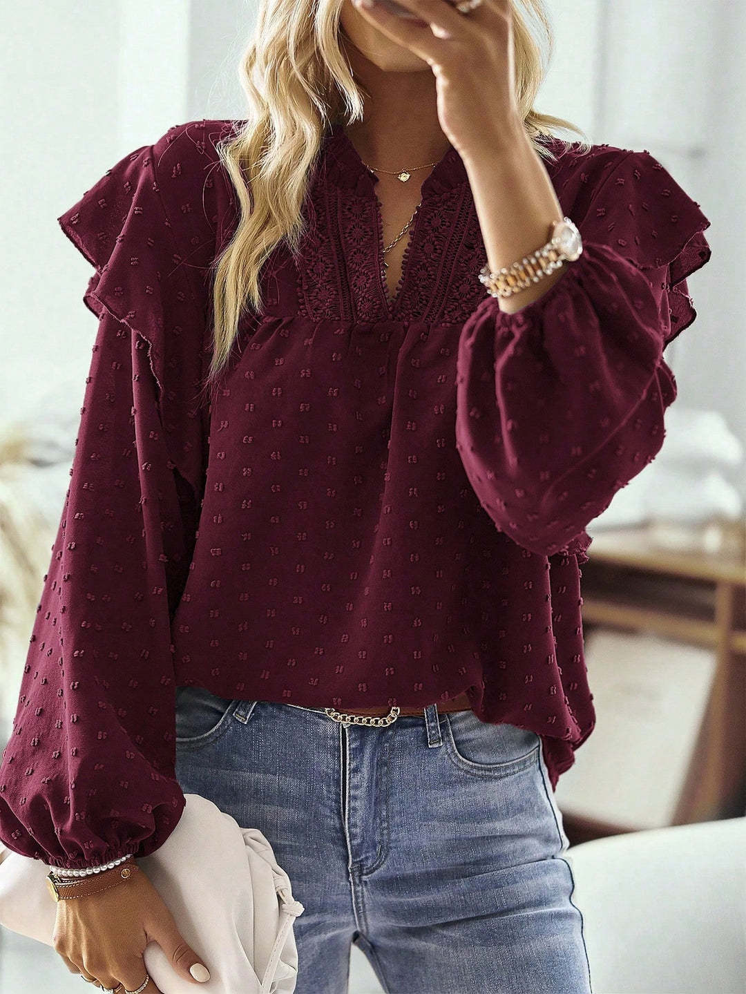 Damen Viskose-Bluse mit Spitzenstickerei und Volantärmeln Drune
