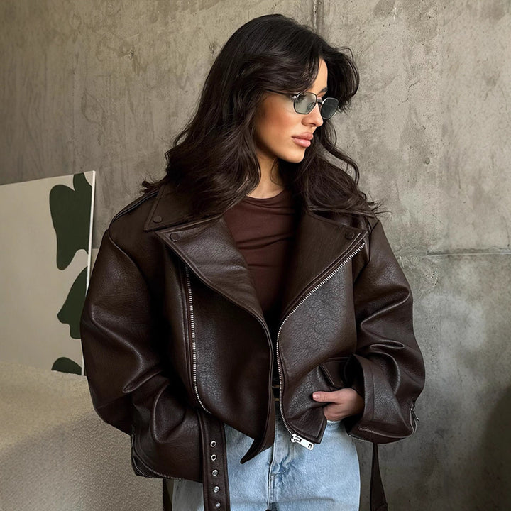 Damen modische Bikerjacke mit breitem Kragen und Taillengürtel Drune