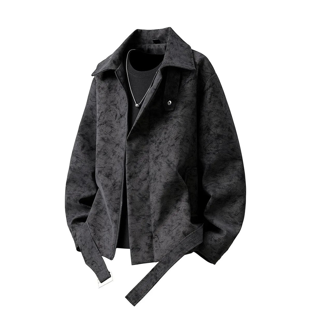 Herren Kurz geschnittene Velours-Optik Jacke mit Hemdkragen, Gürteldetail & verdecktem Reißverschluss Drune