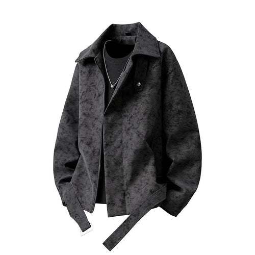 Herren Kurz geschnittene Velours-Optik Jacke mit Hemdkragen, Gürteldetail & verdecktem Reißverschluss Drune