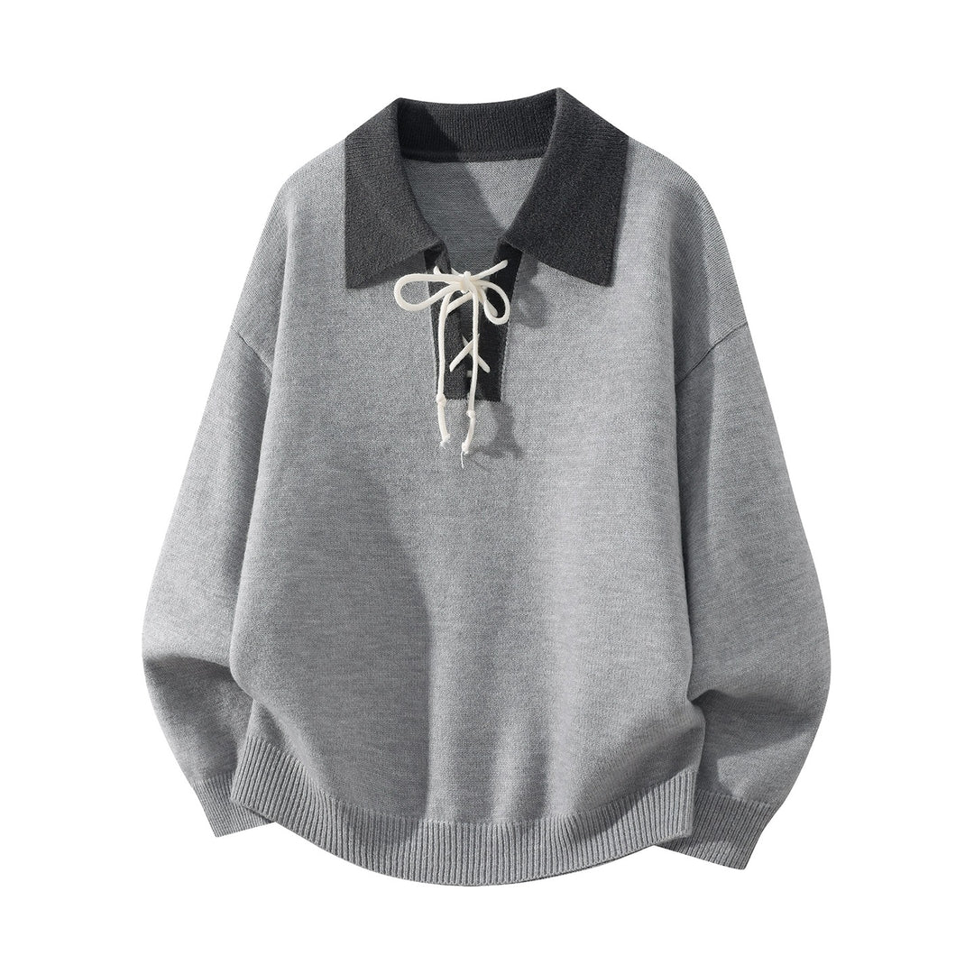 Herren Oversize Strickpullover mit Hemdkragen, Kordelhalsschließe & gerippten Abschlüssen Drune