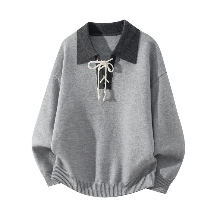 Herren Oversize Strickpullover mit Hemdkragen, Kordelhalsschließe & gerippten Abschlüssen Drune