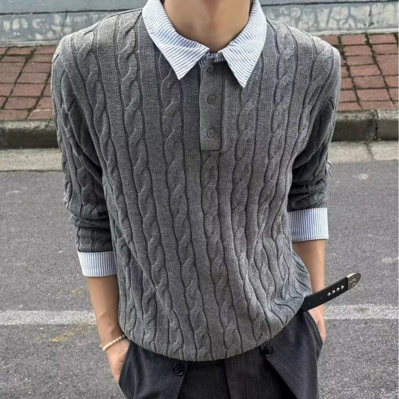 Herren Kabelstrickpullover mit Hemdkragen-Layering-Effekt Drune