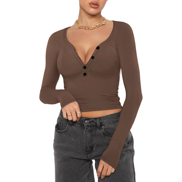 Damen nan figurbetontes geripptes Longsleeve mit Henley-Knopfleiste und tiefem V-Ausschnitt Drune