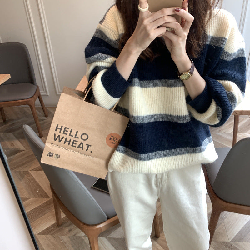 Damen lässiger Strickpullover mit modernen Streifen Drune