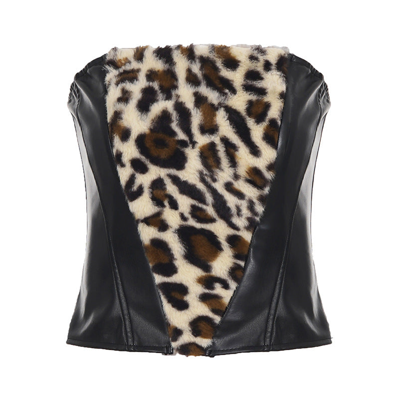 Damen Oberteil und Rockset mit Leopardenmuster und Kunstlederdetails Drune