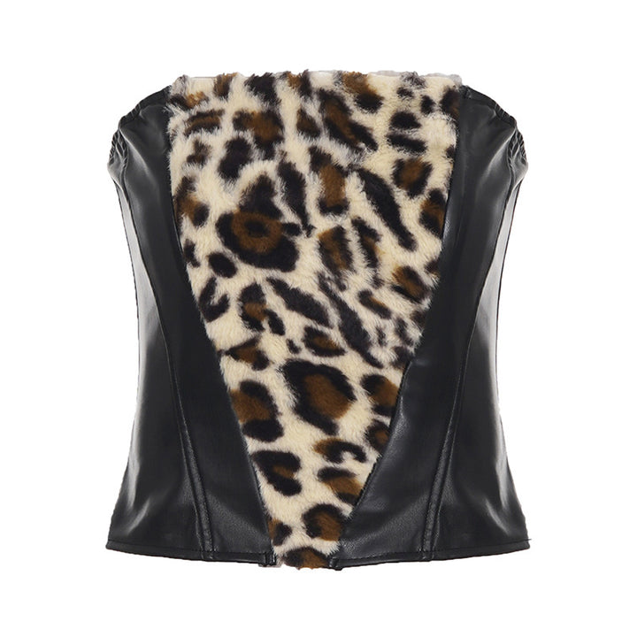 Damen Oberteil und Rockset mit Leopardenmuster und Kunstlederdetails Drune