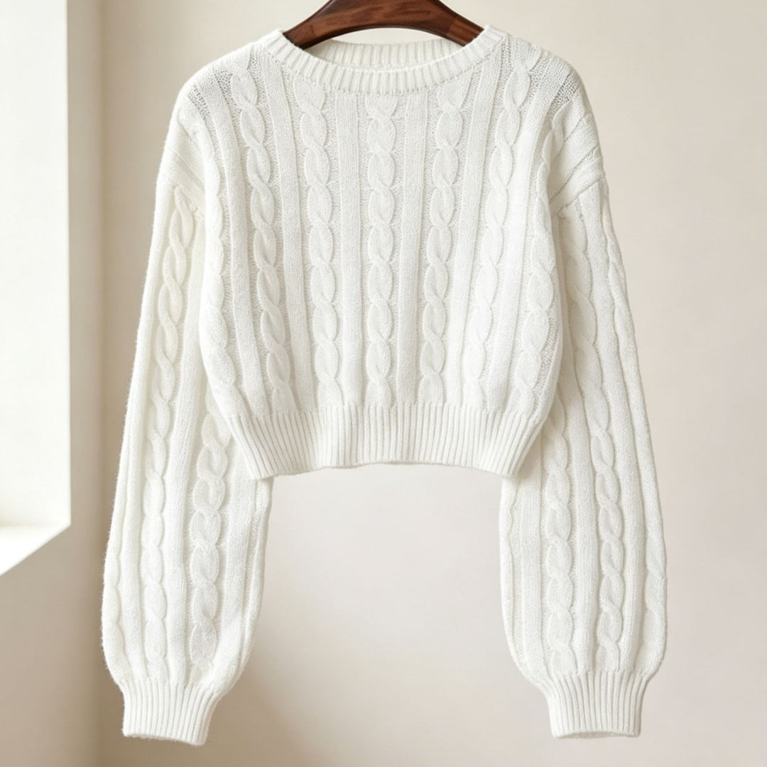 Damen Cropped Zopfmuster-Strickpullover mit kastiger Silhouette und Ballonärmeln Drune