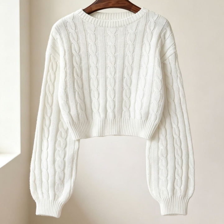 Damen Cropped Zopfmuster-Strickpullover mit kastiger Silhouette und Ballonärmeln Drune