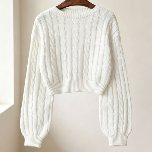 Damen Cropped Zopfmuster-Strickpullover mit kastiger Silhouette und Ballonärmeln Drune