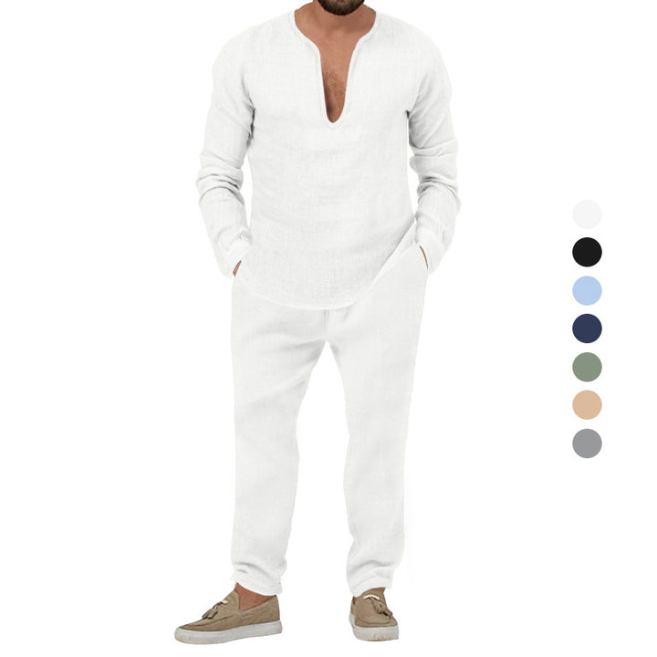 Herren lässiges Leinen-Outfit mit tiefem V-Ausschnitt und elastischem Bund Drune