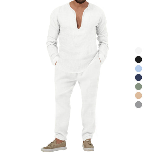 Herren lässiges Leinen-Outfit mit tiefem V-Ausschnitt und elastischem Bund Drune