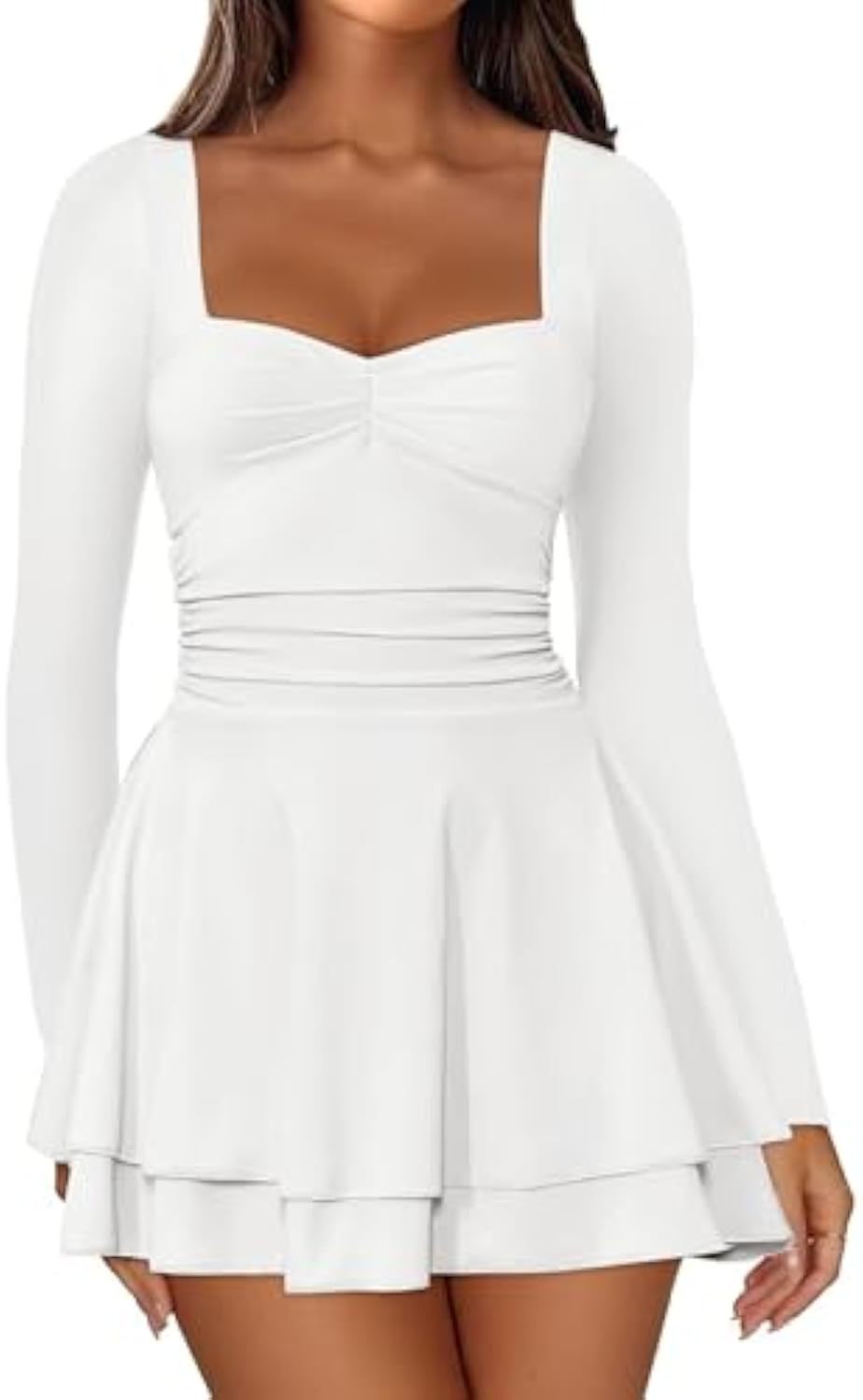 Damen Langarm-Minikleid mit quadratischem Ausschnitt, taillierter Raffung und zweilagigem Volantrock Drune