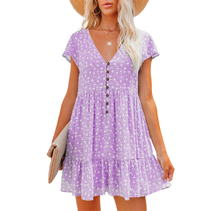 Damen Blümchen Kleid mit Knopfleiste und Volantdetails Drune