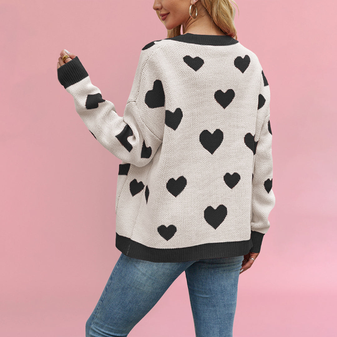 Damen kuschelige Strickjacke mit Herzmuster und großen Taschen Drune