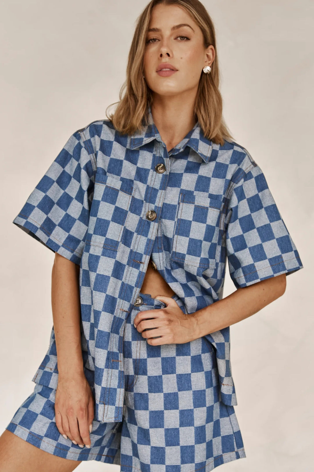 Damen Karierter Hemden-Set aus Denim Drune