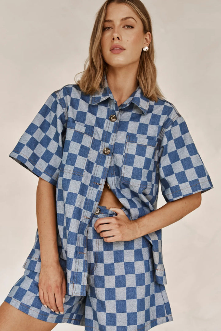 Damen Karierter Hemden-Set aus Denim Drune
