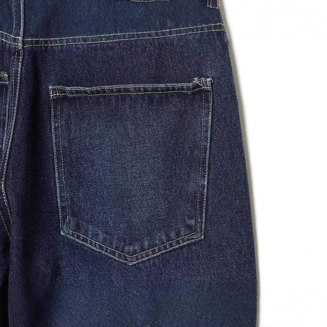 Damen hochgeschnittene Jeans mit weitem Bein und Lederbesatz am Bund Drune