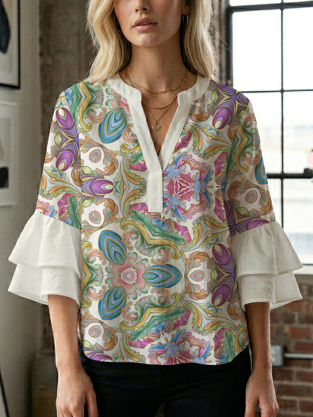 Damen elegantes Oberteil mit voluminösen Rüschensäumen und floralem Design Drune