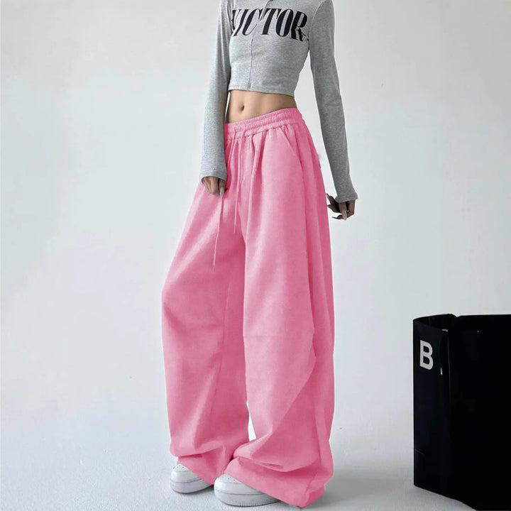 Damen weit geschnittene High-Waist Loungehose mit elastischem Bund, Tunnelzug und seitlichen Eingrifftaschen Drune