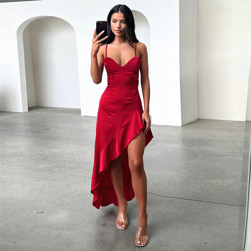 Damen Elegantes Abendkleid mit tiefem V-Ausschnitt und fließendem Rock Drune