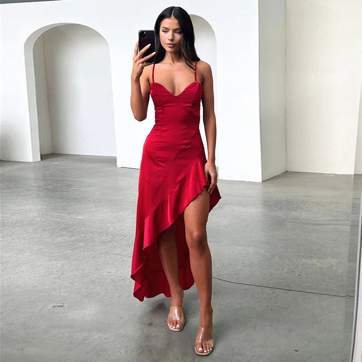 Damen Elegantes Abendkleid mit tiefem V-Ausschnitt und fließendem Rock Drune