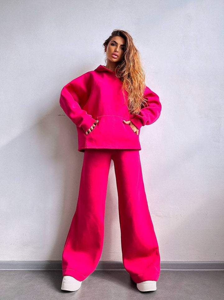 Damen Scuba-Fleece Lounge-Set mit Oversize-Kapuzenpullover und weiter Flare-Hose Drune