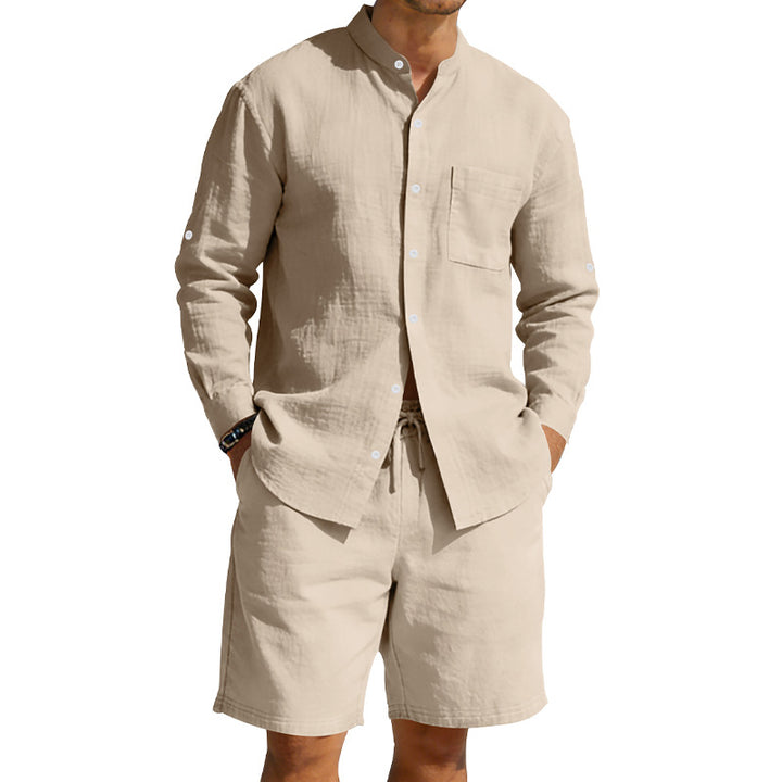 Herren nan sommerliches Leinen-Set mit Stehkragenhemd und Kordelzug-Kurzhose Drune