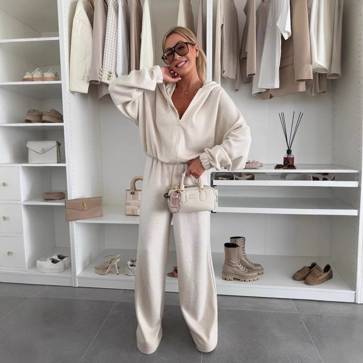 Damen Loungewear-Anzug aus weichem Fleece mit Kapuze und weitem Schnitt Drune