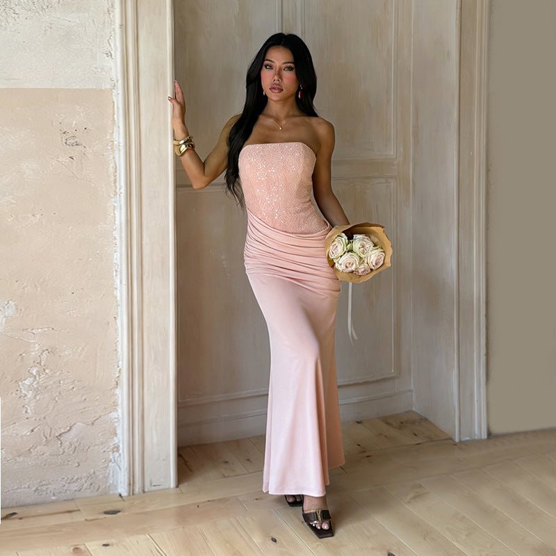 Damen Elegantes langes Abendkleid mit figurschmeichelndem Rüschendesign und schimmernden Pailletten Drune