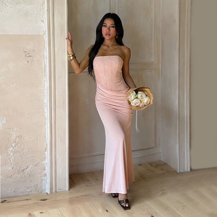 Damen Elegantes langes Abendkleid mit figurschmeichelndem Rüschendesign und schimmernden Pailletten Drune
