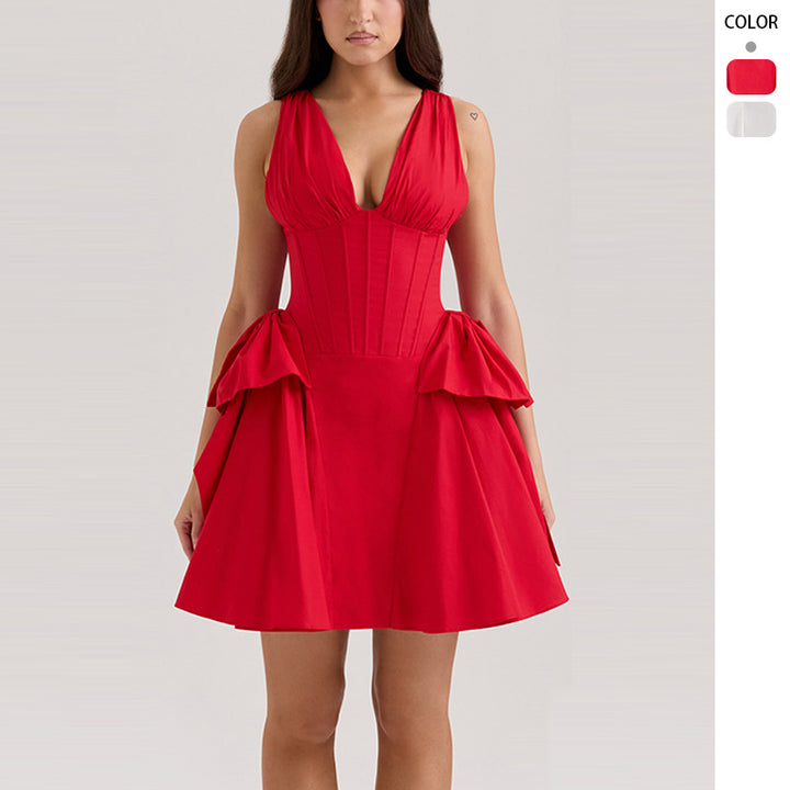 Damen Abendkleid mit tiefem V-Ausschnitt und voluminösem Rüschendesign Drune
