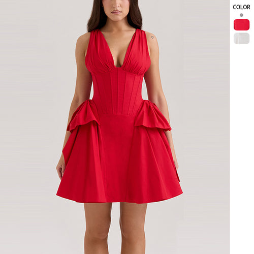 Damen Abendkleid mit tiefem V-Ausschnitt und voluminösem Rüschendesign Drune