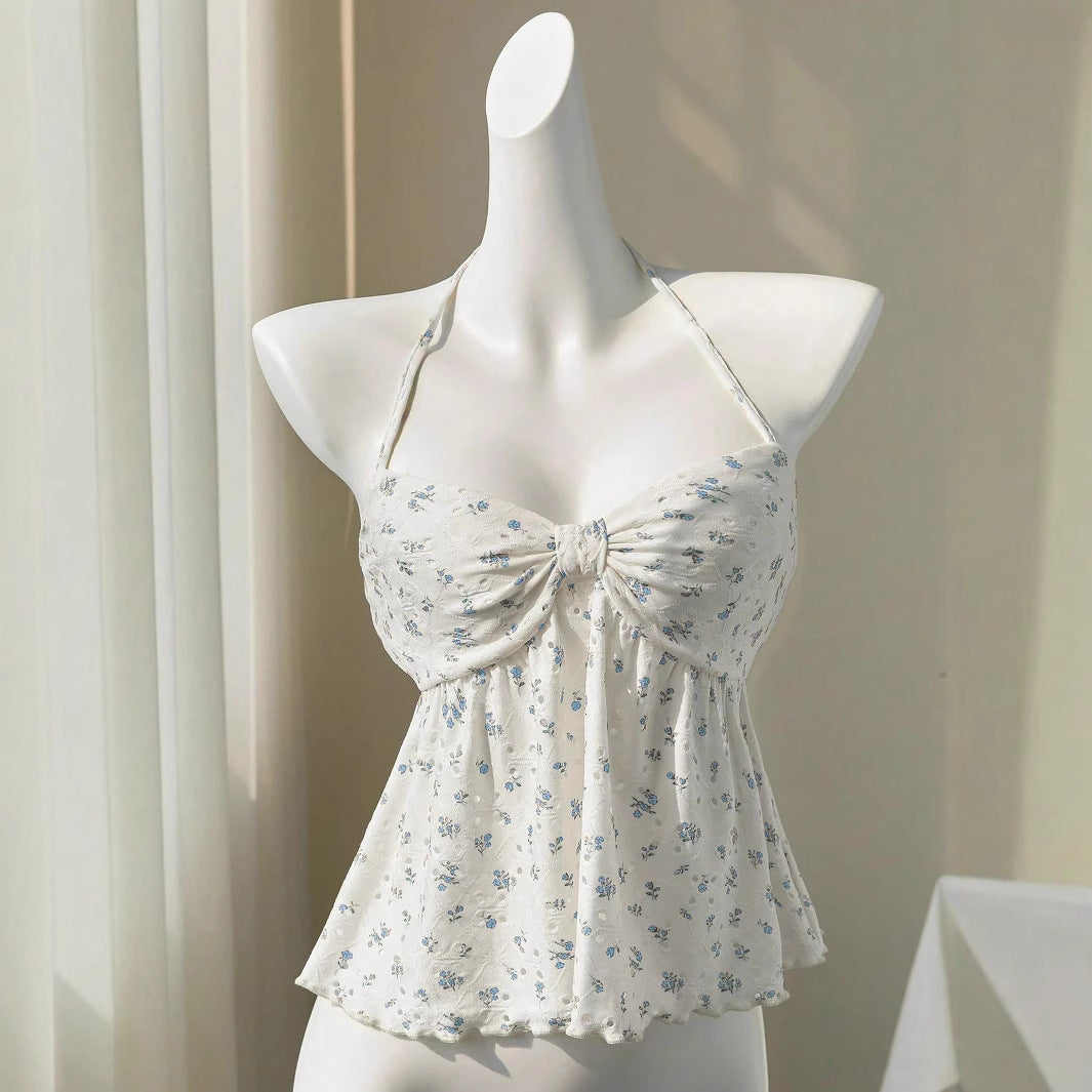 Damen romantisches Strandtop mit floralem Design und verspieltem Knoten Drune