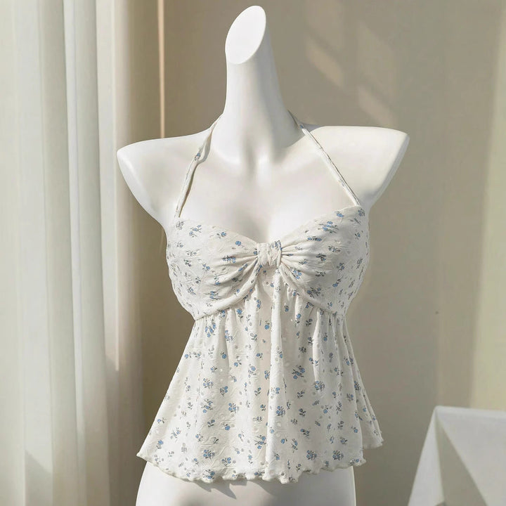 Damen romantisches Strandtop mit floralem Design und verspieltem Knoten Drune