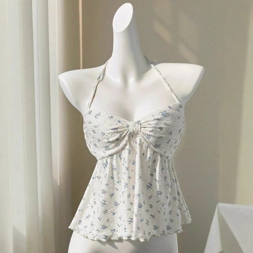 Damen romantisches Strandtop mit floralem Design und verspieltem Knoten Drune