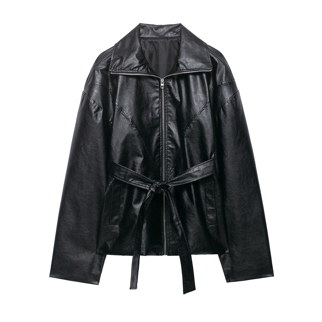 Damen Kurze Kunstlederjacke mit Taillengürtel, Reißverschluss und markantem Kragen Drune