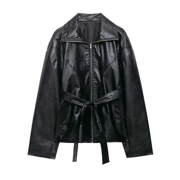 Damen Kurze Kunstlederjacke mit Taillengürtel, Reißverschluss und markantem Kragen Drune