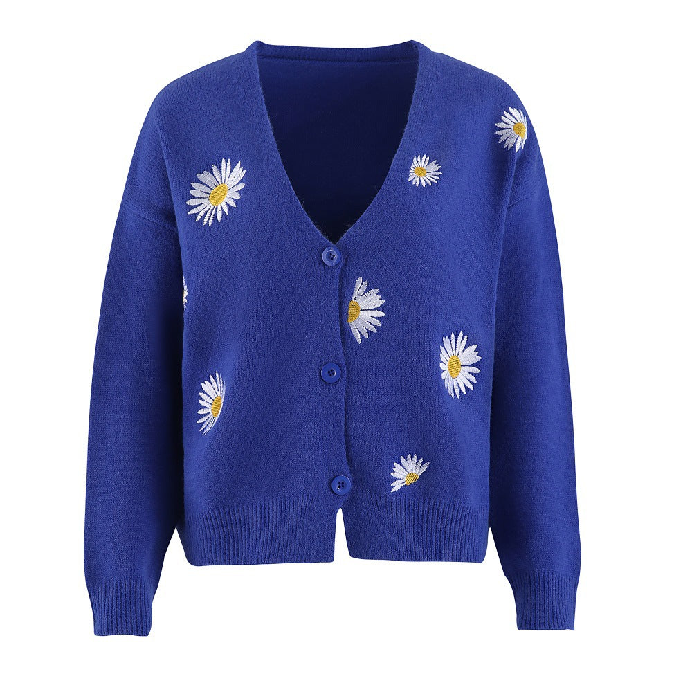Damen Kurzgeschnittener V-Ausschnitt-Strickcardigan mit gestickten Gänseblümchen und Rippbündchen Drune
