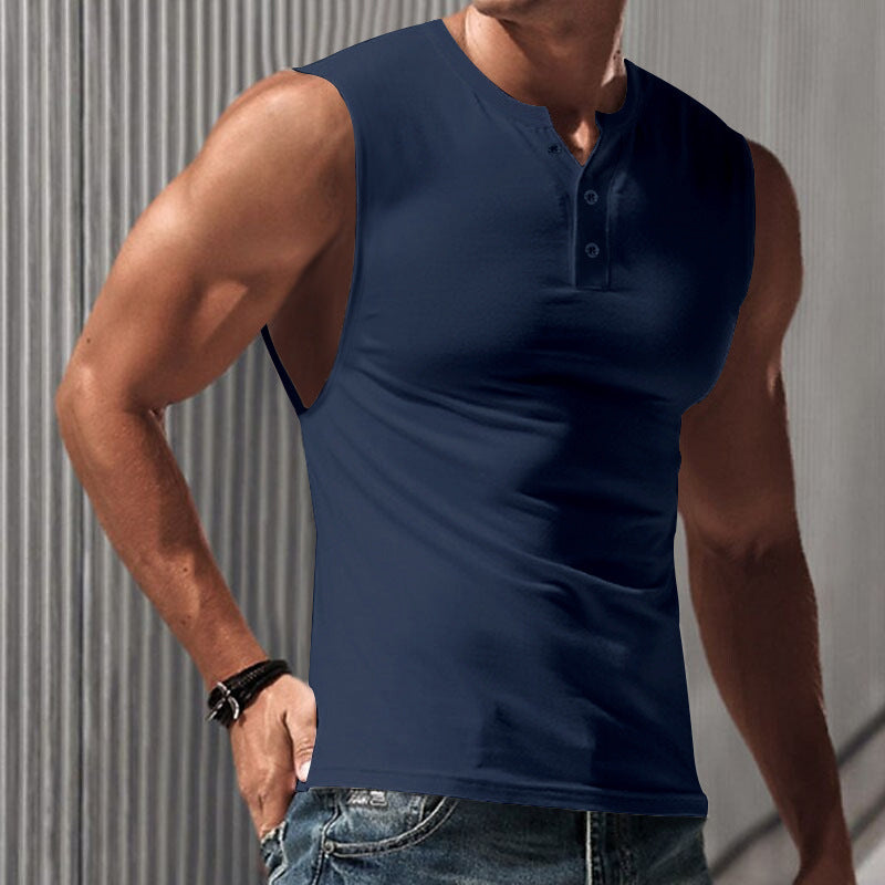 Herren nan ärmelloses Muskelshirt mit Henley-Knopfleiste, tiefem Armausschnitt und elastischem Baumwollmix Drune